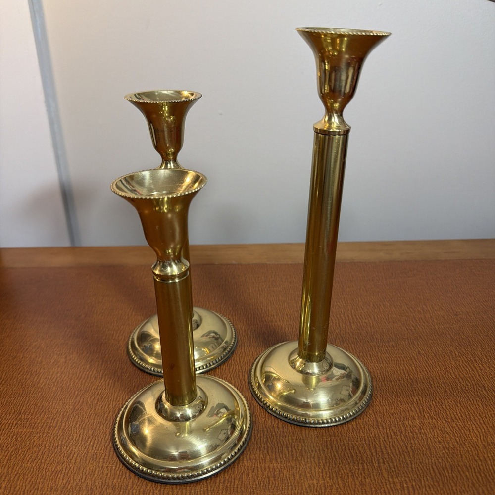Vtg Set Of 3 Brass Candlesticks 6.5", 7.5", 9" Graduated Heights EUC India